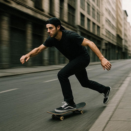 Skateboarder riding on a longboard in the city.