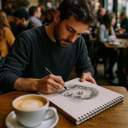 Handsome young man drawing a picture in a coffee shop.
