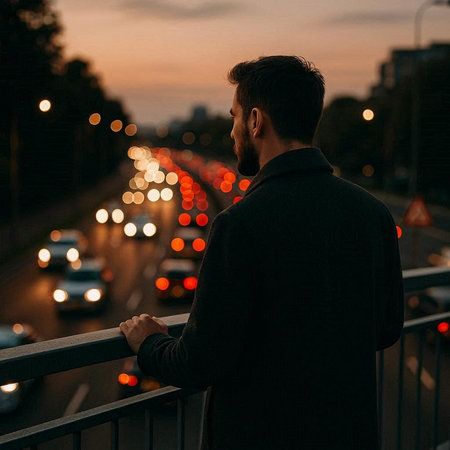 Handsome young man in a black jacket is standing on the bridge and looking at the city.