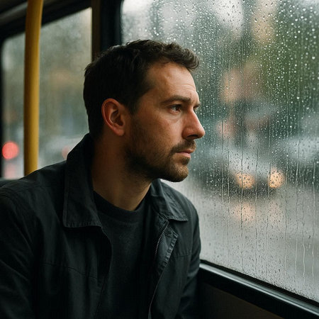 Handsome young man in black jacket sitting by the window of a bus and looking at the rain