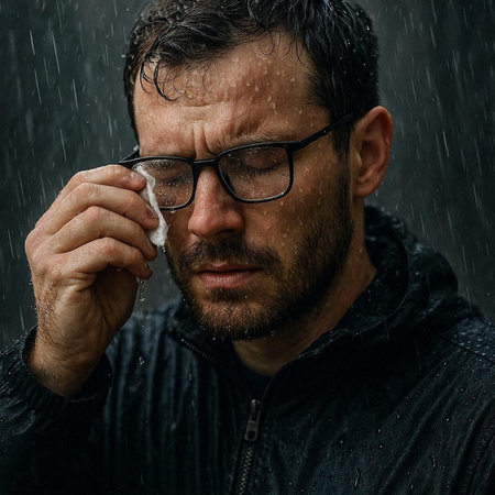 Portrait of a man with a beard and glasses in the rain