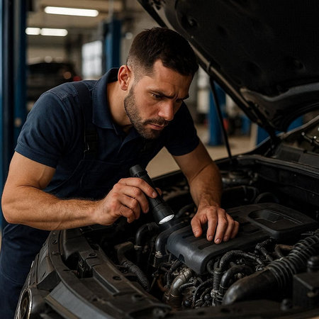 Handsome Caucasian male mechanic repairing car engine in auto repair shop