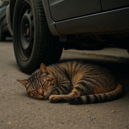 Homeless cat sleeping on the ground in front of a car.