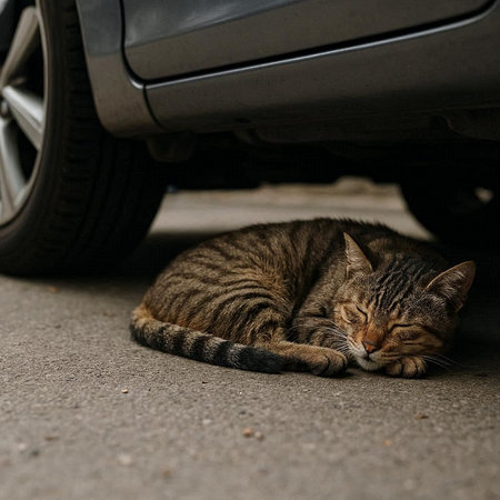 Tabby cat sleeping under the car. Shallow depth of field.