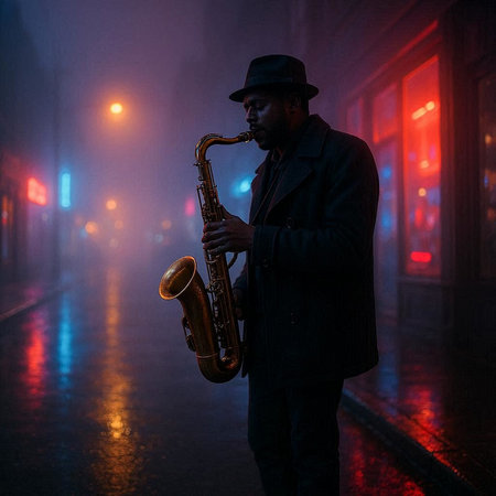 African american jazz musician playing the saxophone in a foggy street at night.