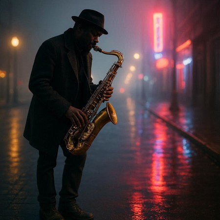 Portrait of a jazz musician playing the saxophone in the street at night