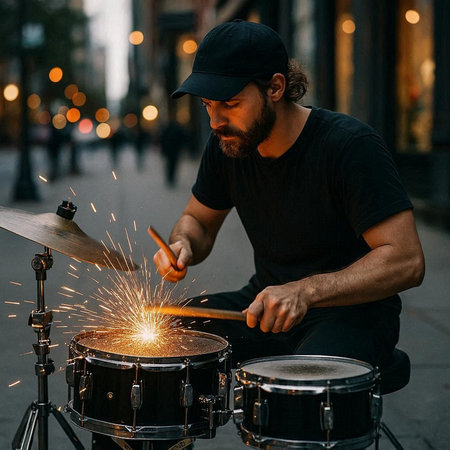 Bearded man playing drums on the street in New York City.