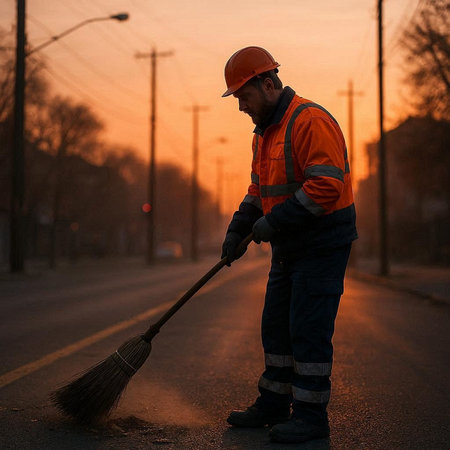 Male worker cleans the road with a broom in the city at sunset