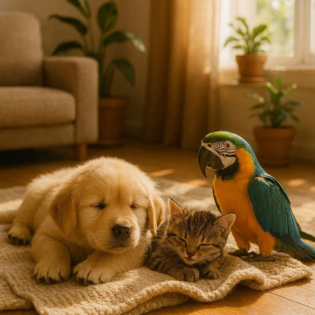 Cute Golden Retriever puppy, cat and macaw sitting together on the floor.