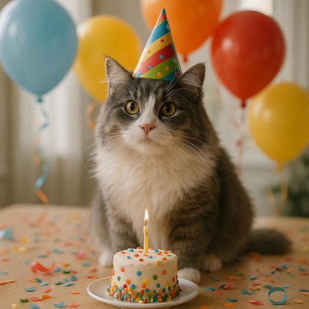 Cute cat with birthday cake and colorful balloons on the background.