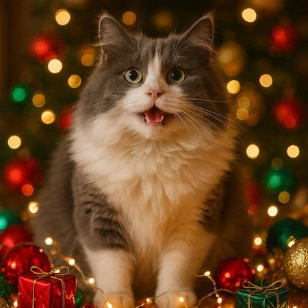beautiful fluffy cat on the background of a Christmas tree with gifts