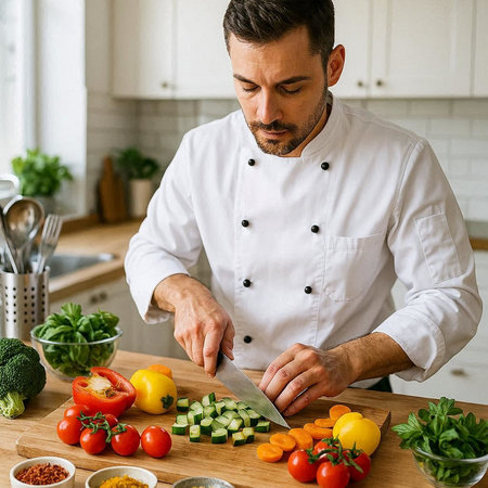 Handsome man in white uniform cutting vegetables in kitchen at home