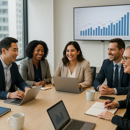 Group of business people working together in the office. They are sitting at a table and smiling.
