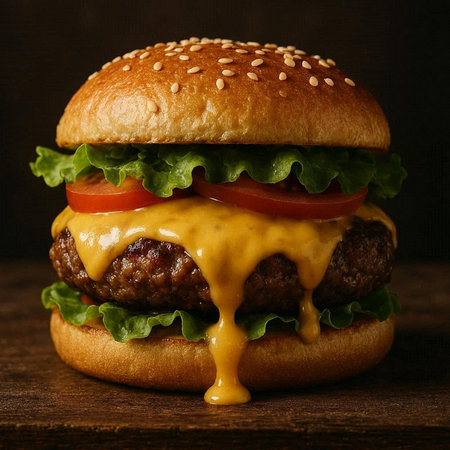 Hamburger with cheese, tomato and lettuce on dark wooden background