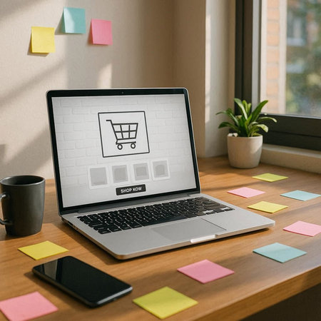 Laptop screen displaying an e-commerce shopping concept on a desk