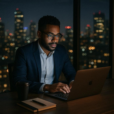 Portrait of confident African businessman working on laptop at night in office