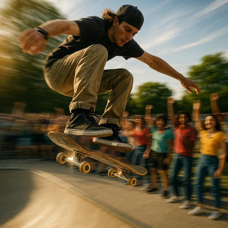 Skateboarder doing a trick on a skateboard at a skate park.