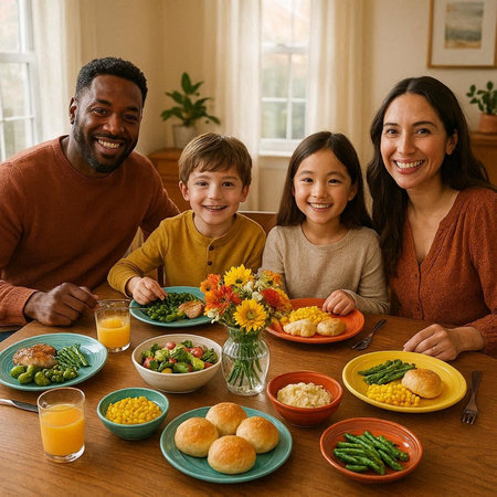 Portrait of a happy family having breakfast together in the living room at home