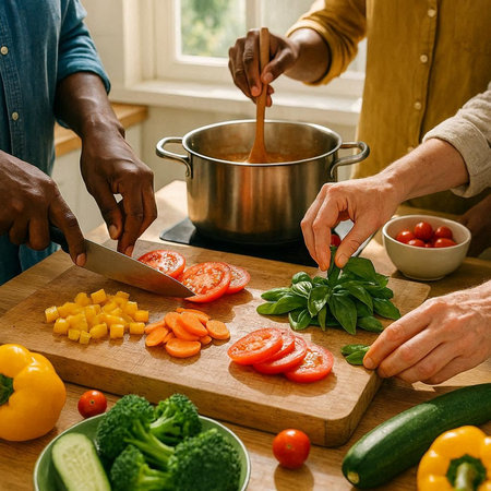 Cropped image of multiethnic family cooking together in kitchen at home