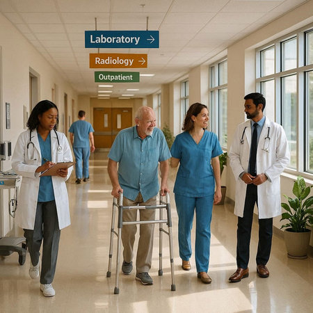 Group of doctors and nurses walking in a hospital corridor with a walker