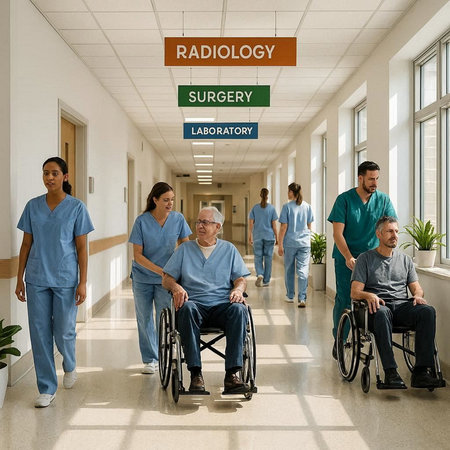 Diverse group of doctors and nurses walking in hospital corridor with a wheelchair