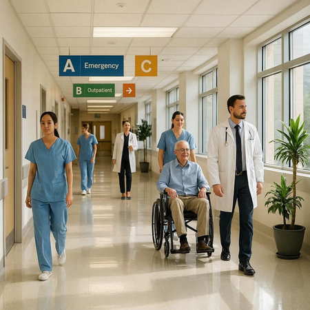 Group of doctors and nurses walking in hospital corridor with senior patient in wheelchair