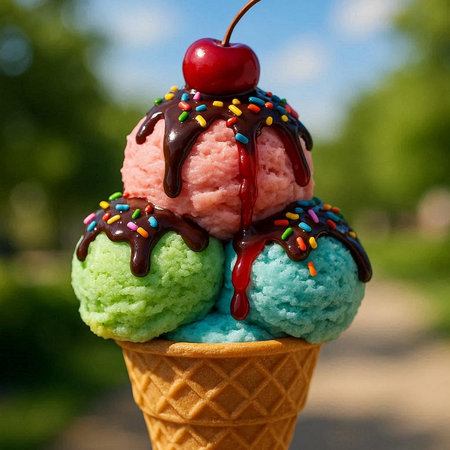 Ice cream in waffle cone with cherry and chocolate. Summer time