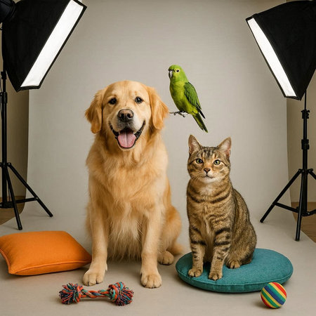 Golden Retriever, cat and green parrot sitting in studio