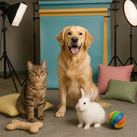 Golden Retriever with a cat and a dog in a studio
