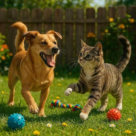 Cat and dog playing with balls in the garden. Pet care concept.
