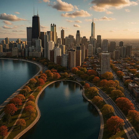 Chicago skyline aerial view with lake and skyscrapers at sunset.