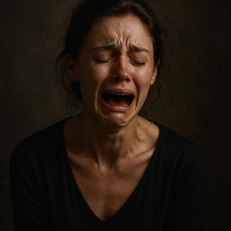 Portrait of a young woman crying. Studio shot on dark background.の写真素材