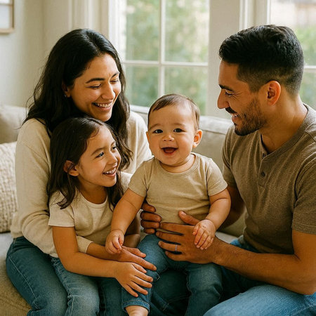 Happy family of four smiling at camera while sitting on couch at home