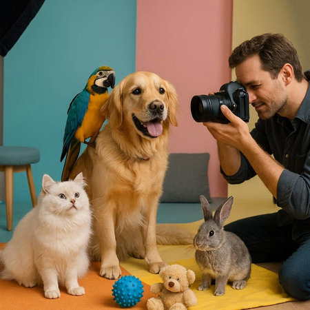 Photographer taking picture of dog, cat and cockatoo in studio