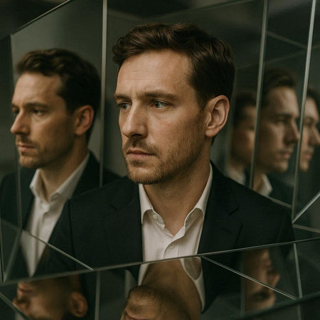 Portrait of a serious businessman looking at camera in front of a mirror