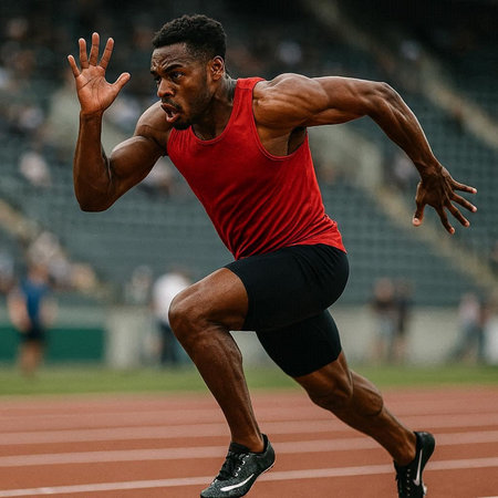 Portrait of a male athlete running on a track and field.
