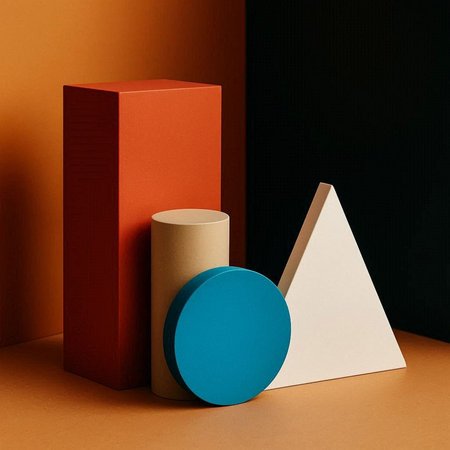 Colorful geometric shapes on a brown background. 3d render.