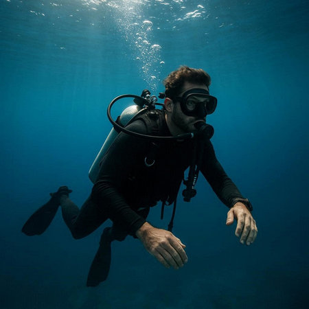 Scuba diver looking at camera in deep blue water. Diving concept