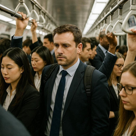Businessman and business people traveling by train in rush hour. People waiting for train.