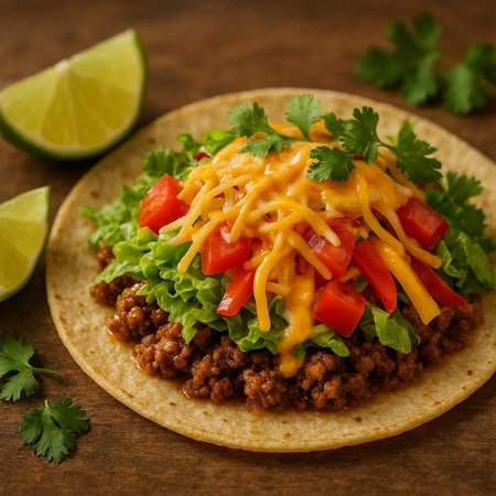 Mexican tacos with meat, cheese and vegetables on a wooden background