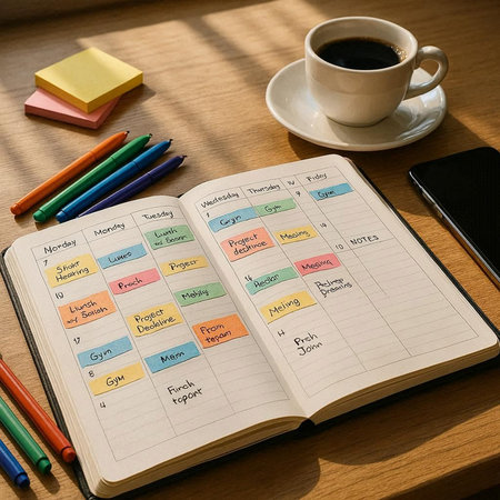 Weekly planner with a cup of coffee on a wooden table.