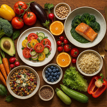 Healthy food selection on wooden background. Top view, flat lay