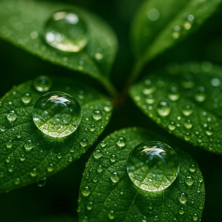 Water droplets on green leaf macro close up. Nature background.