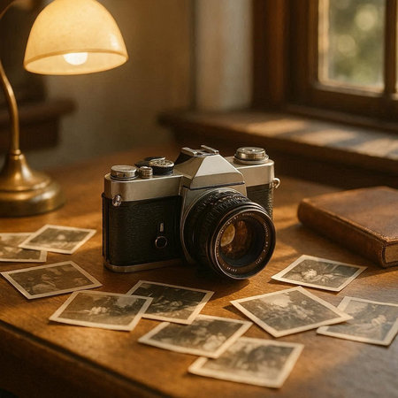 Vintage camera and old photos on a wooden table in the room