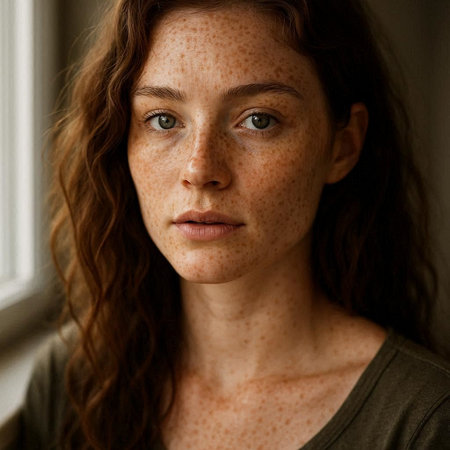 Portrait of a young woman with freckles on her face