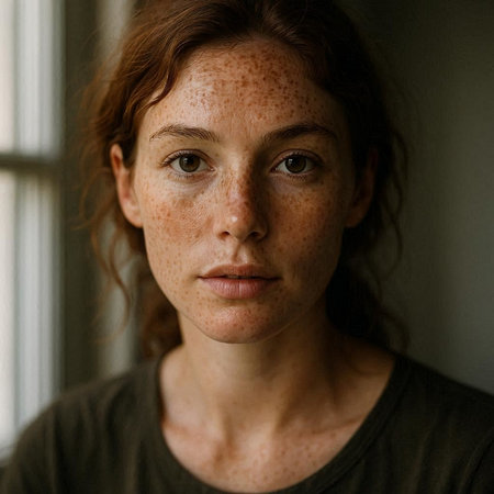 Portrait of a beautiful young woman with freckles on her face