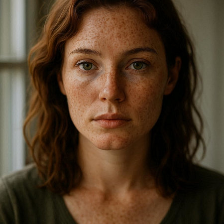 Portrait of a young woman with freckles on her face