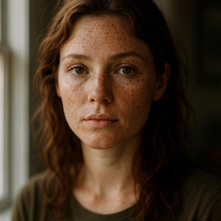 Portrait of a freckled young woman with freckles