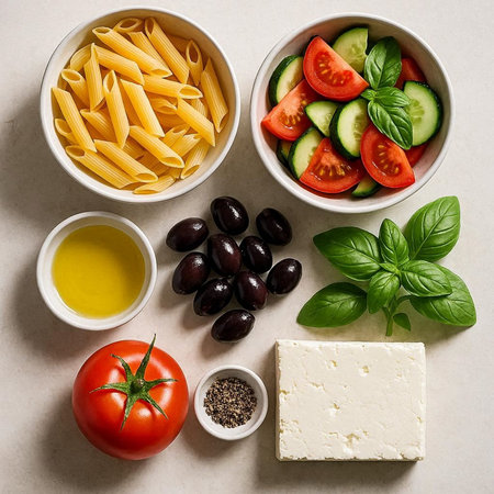 Italian food background. Ingredients for pasta, feta cheese, black olives, tomatoes, cucumbers, basil leaves. Top view.