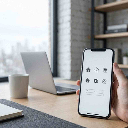 Smart home app on the screen of a smartphone. Smart home concept.